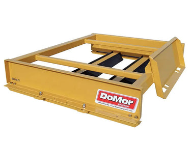 Close-up photo of a DoMor SSF-72 box grader attachment, highlighting its open-box design and teeth for gripping materials like dirt and gravel.